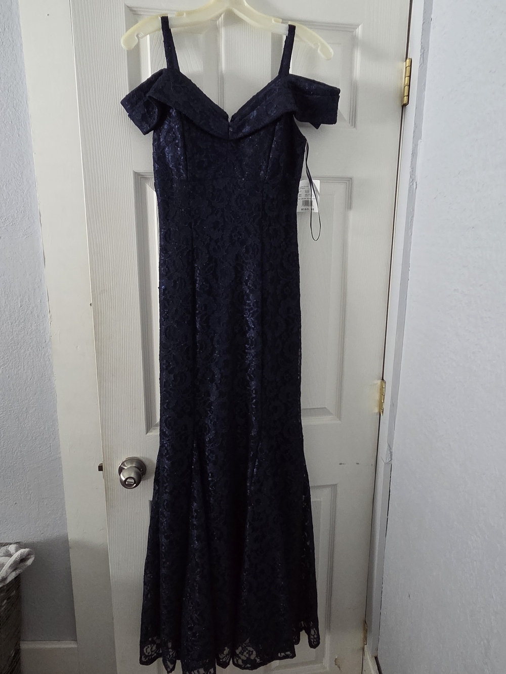 Off-Shoulder Navy Lace Evening Gown